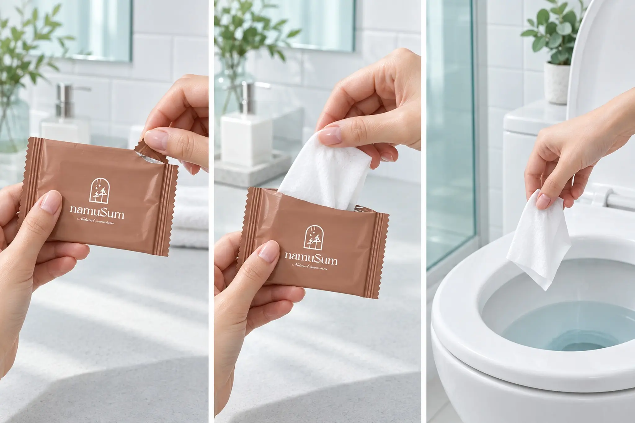 namuSumを開封し、シートを取り出し、使用後にトイレへ流す3つの手順